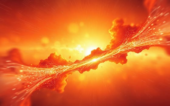 Bright orange and red hues illuminate a cosmic scene filled with swirling energy patterns and glowing particles, capturing the essence of a stellar explosion in deep space.
