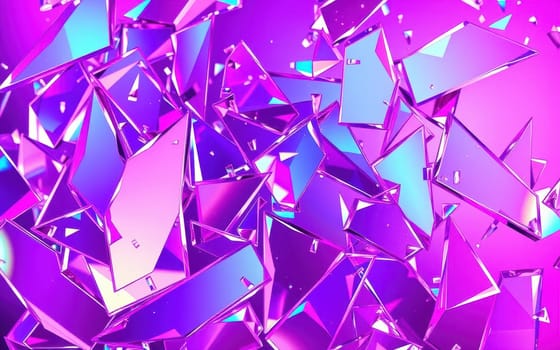 Shiny, angular shards of glass scatter across a colorful backdrop, showcasing vivid shades of purple and blue, creating a dynamic and engaging composition.