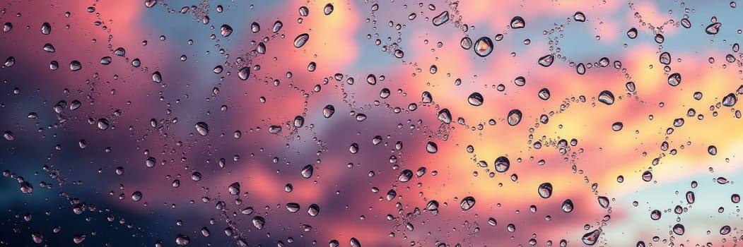 Raindrops cling to a window, capturing lovely hues of orange and purple from a vibrant sunset. The sky displays a mix of colors as evening falls.