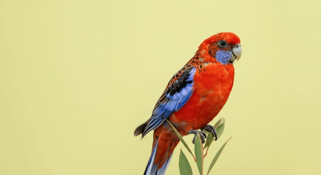 A striking red parrot with blue-tipped wings is perched on a branch with green leaves, set against a soft yellow background. the scene highlights the bird's vivid colors and intricate feather patterns.