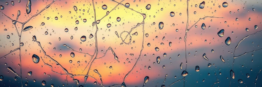 Raindrops cling to a glass surface, forming beautiful patterns as a vibrant sunset hues the sky with shades of orange, pink, and purple, creating a serene atmosphere.
