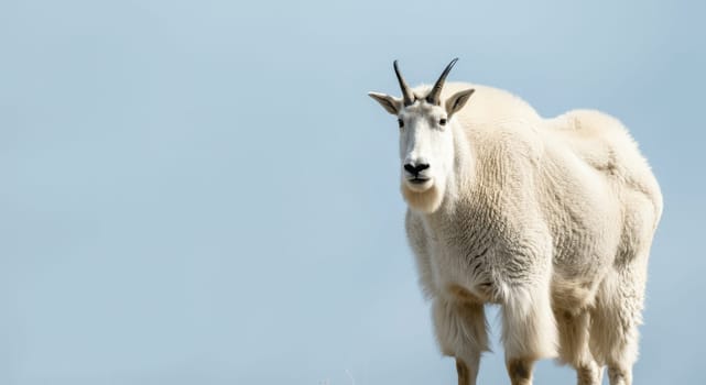 Mountain goat standing against a clear blue sky, its thick white fur and distinctive horns. the tranquil scene emphasizes the natural habitat and adaptive features of the animal.
