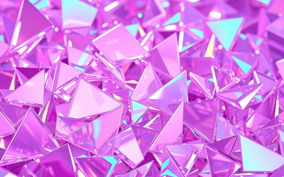 Shimmering glass pieces in various triangular and square shapes cover a surface, reflecting light in shades of purple and blue, creating an eye-catching display.