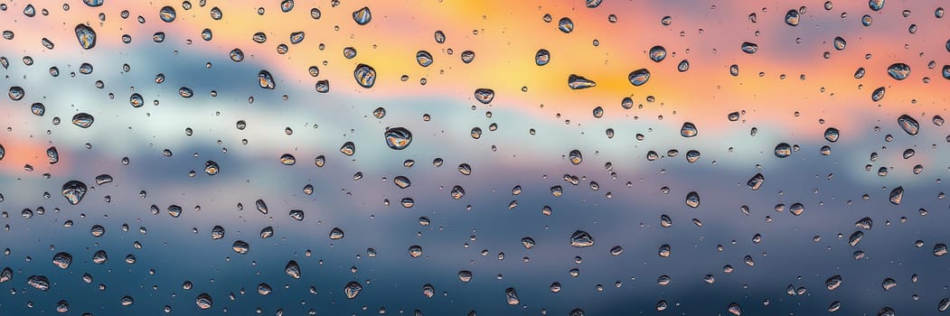 Rain droplets cling to a window, capturing the vibrant hues of a sunset. The colors blend beautifully, creating a serene atmosphere during the evening hours.