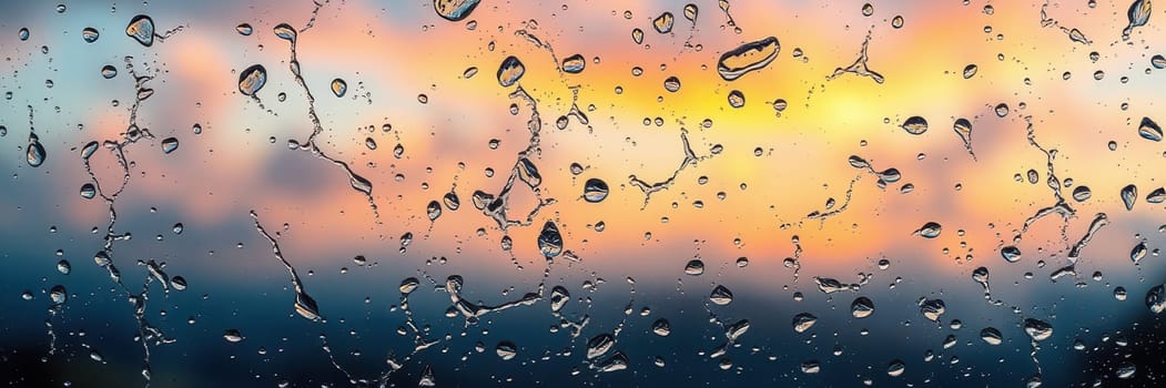 Raindrops cling to a window glass while the sun sets in the background, casting vibrant colors across the sky and creating a peaceful evening ambiance.