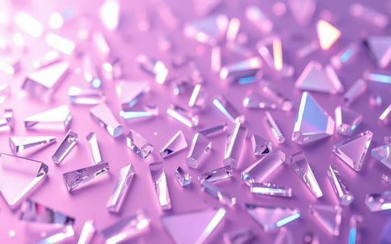 Colorful glass crystals in various shapes and sizes are scattered across a vibrant purple surface. The light reflects off the facets, creating a dazzling display of colors and textures.