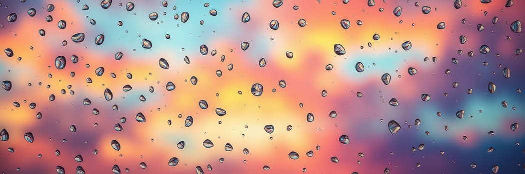 Raindrops cling to a window, casting a unique view of a sunset painted in shades of pink, orange, and purple. The vibrant colors blend beautifully in the sky.