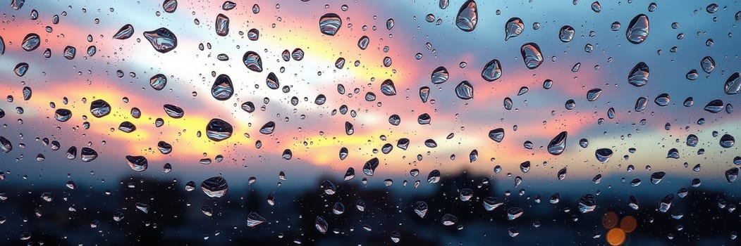 Raindrops cling to a windowpane, reflecting vibrant colors of a sunset in the background. The scene evokes a sense of calmness and tranquility during the evening hours.