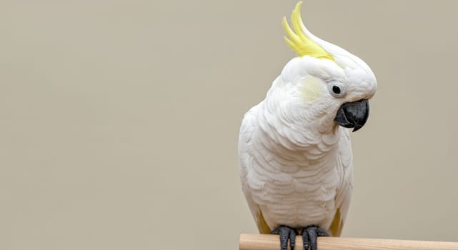 Sulphur-crested cockatoo showcasing its vibrant yellow crest and striking white plumage while perched calmly on a branch. its detailed feathers and curious expression stand out against a simple, muted backdrop.