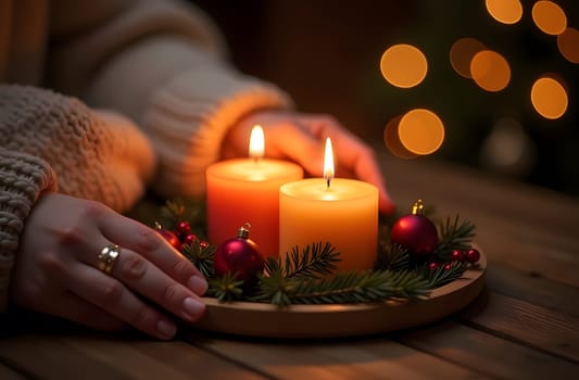 A first-person perspective of hands holding Christmas candles on a festive wreath, adding to the warm and inviting holiday ambiance. High quality photo