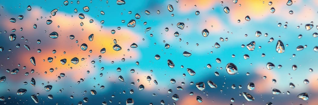 Raindrops cling to a window, creating a blurred view of a striking sunset. The vibrant colors of orange and blue blend beautifully in the background.