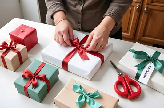 Hands adding the final touches to a gift with a decorative bow, surrounded by scissors, festive wrapping paper, and other wrapped presents. High quality photo