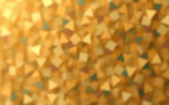 This decorative mosaic features an intricate design with various triangular and diamond shapes in shades of gold. The bright, shimmering effect enhances the warmth of the space.