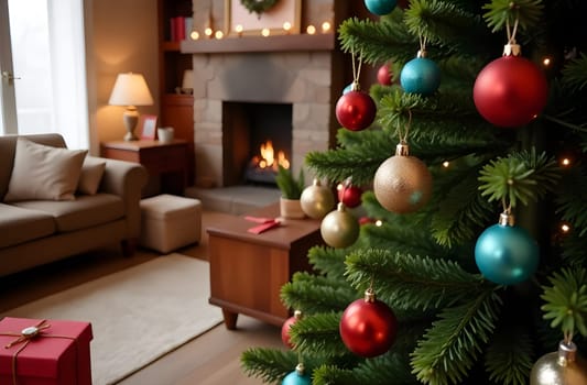 A beautifully decorated Christmas tree in the foreground, with a cozy living room in the background, radiating holiday warmth and cheer. High quality photo