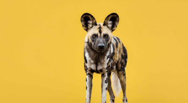A captivating portrait of an african wild dog standing confidently against a bright yellow backdrop. the unique coat pattern and attentive gaze highlight its distinct characteristics and natural beauty.