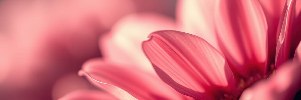 Delicate pink flower petals are illuminated by soft light, showcasing intricate details and textures. This vibrant scene captures the essence of nature during the spring season.