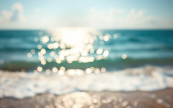 Sunlight creates a shimmering effect on gentle ocean waves, while a sandy beach serves as a picturesque foreground. The scene captures a tranquil, sunny day.