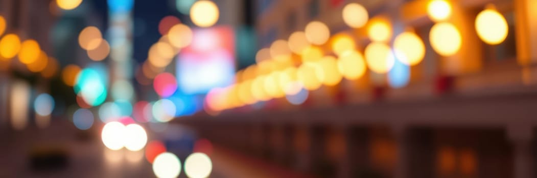 Colorful lights illuminate the downtown area, creating a lively ambiance as people wander the streets in the early evening. The blurred reflections add to the urban charm.