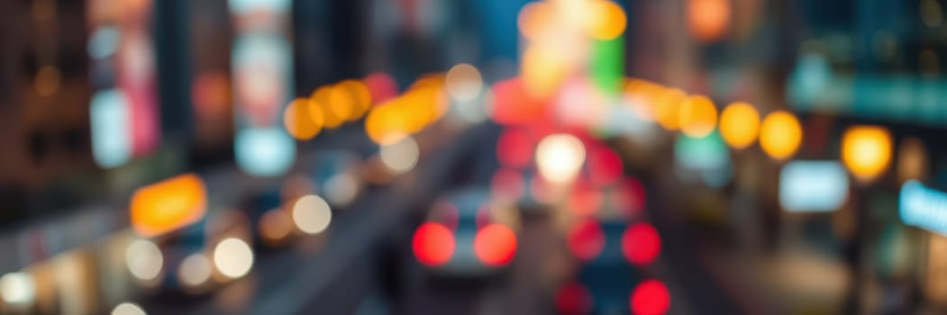 Colorful lights illuminate a busy city street at night, showcasing the hustle and bustle of traffic as cars navigate through the vibrant urban environment.