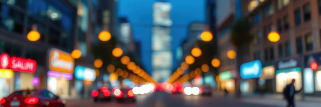 The bustling city street comes alive at night with bright lights illuminating shops and vehicles, creating a vibrant urban atmosphere as evening settles in.