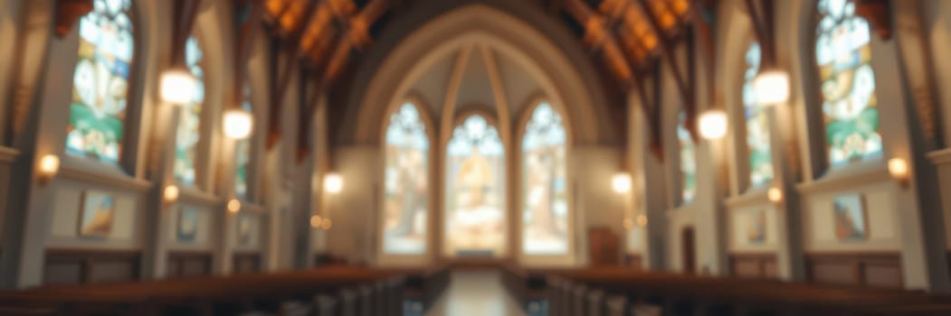 Light streams through colorful stained glass windows in a historic church. Wooden beams and benches create a serene atmosphere, inviting reflection and peace.