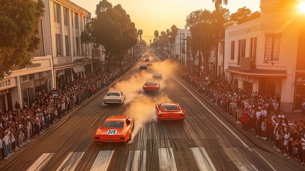 Powerful sports cars race through city streets at sunset, leaving a trail of smoke, thrilling spectators with high speed action