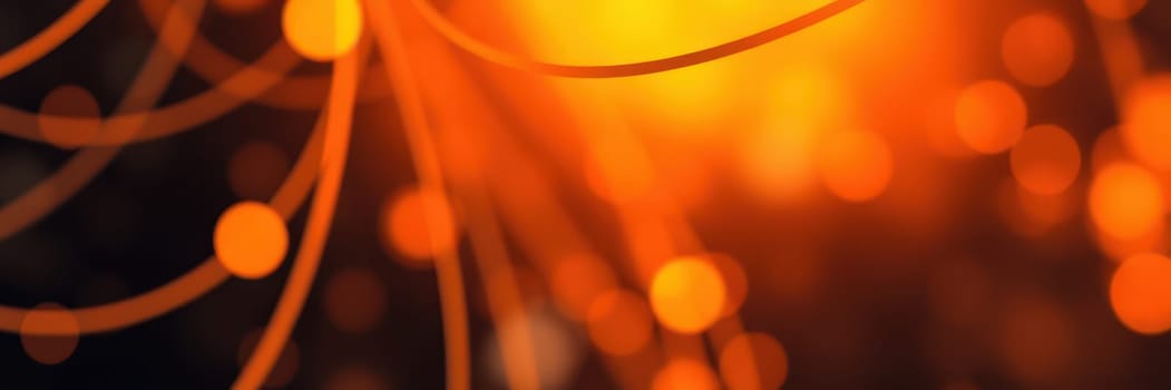 A warm and vibrant orange glow fills the space, with glowing orbs and flowing lines creating an engaging visual effect, suggesting warmth and energy.