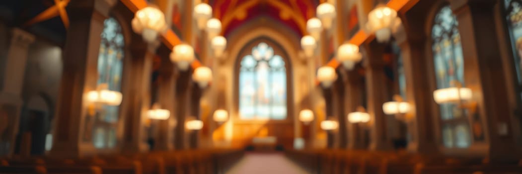 A historic church interior features grand architecture with beautifully designed stained glass windows. Warm lights illuminate the space, inviting reflection and peace.