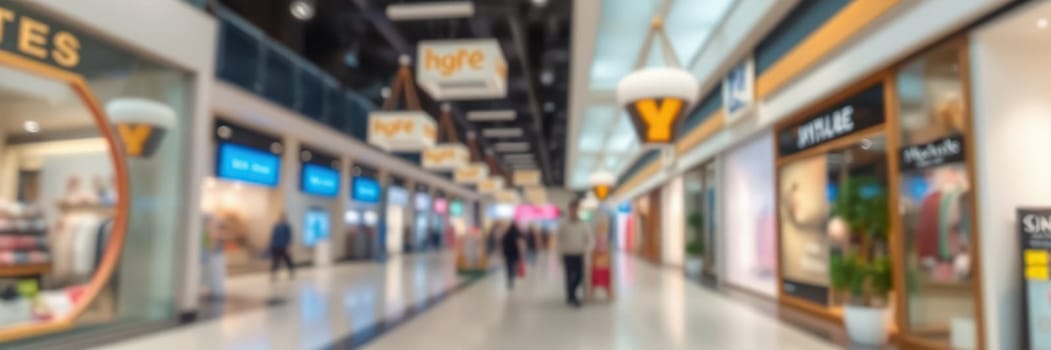 A vibrant shopping mall showcases numerous stores with shoppers walking along the spacious corridor, enjoying their time and browsing various retail options.