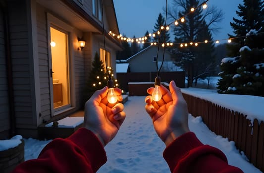 Hands carefully stringing Christmas lights outdoors, creating a festive and glowing holiday display in a winter setting. High quality photo
