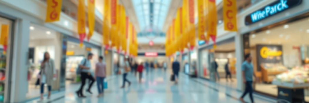 Crowds of shoppers navigate through a bustling mall filled with vibrant banners advertising promotions. Bright lights enhance the lively atmosphere of the retail space.