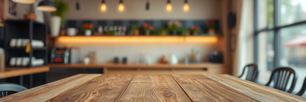 A spacious cafe showcases a beautifully crafted wooden table surrounded by black chairs. Bright lights hang above, illuminating the inviting space adorned with green plants.