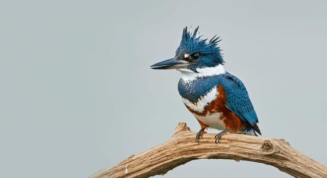 Kingfisher with striking blue, white, and rust plumage perches gracefully on a weathered branch against a neutral backdrop. the bird's vivid colors and distinctive crest are highlighted in this serene nature scene.
