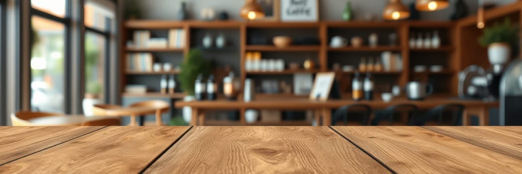 A rustic wooden table is set in a charming coffee shop, surrounded by shelves displaying various drinks and potted plants, creating a warm atmosphere during the afternoon.