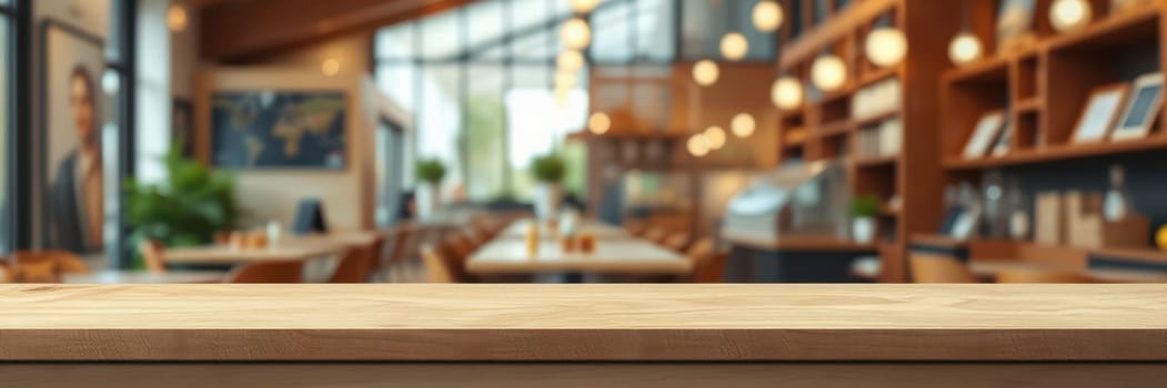 A spacious cafe showcases a blend of rustic wood and modern design, featuring tables and chairs set for patrons. Warm lighting enhances the inviting ambiance, perfect for relaxation and productivity.