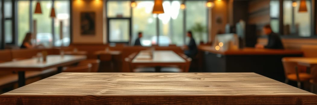 A warm and inviting restaurant features wooden tables and soft lighting. Patrons enjoy their meals in a relaxed atmosphere, creating a friendly dining experience.