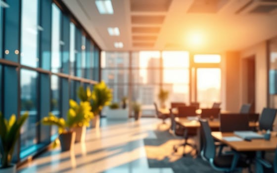 A spacious office features large windows allowing warm sunlight to fill the room, illuminating plants and workstations in a contemporary design. The atmosphere is inviting and productive.