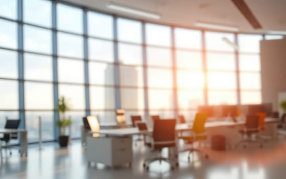 Bright sunlight fills a contemporary office with extensive glass windows. Empty desks and chairs are arranged neatly in an open workspace, creating a calm atmosphere.