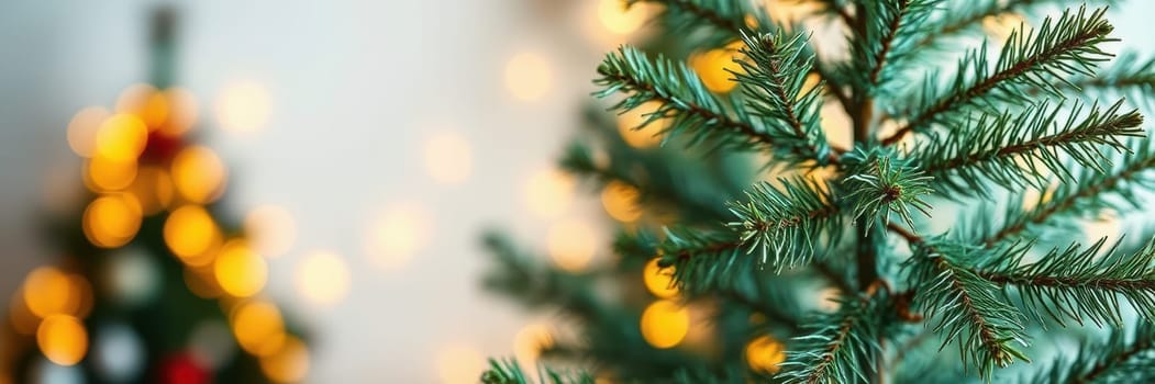 Lush green Christmas trees are lit with warm glowing lights, enhancing the inviting and cheerful ambiance of the holiday season, set in a cozy indoor space.