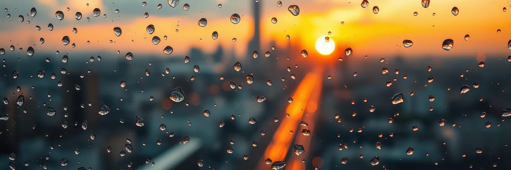 Raindrops cling to a window, reflecting the vibrant orange and yellow hues of the setting sun. The city skyline glimmers in the fading light as the day comes to a close.