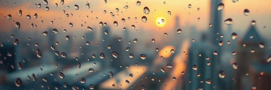 Raindrops cling to a window, reflecting the warm colors of a sunset. The distant city skyline is softly blurred, creating a tranquil atmosphere during twilight.