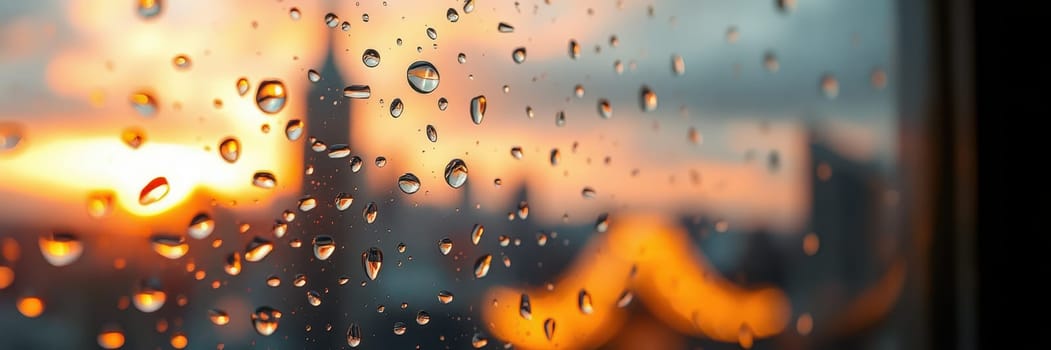 Raindrops cling to a window, reflecting the vibrant colors of the sunset over a city skyline. The warm light adds a cozy ambiance to the rainy atmosphere.