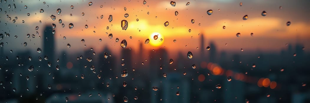 A vibrant sunset is reflected through droplets of rain on a window, showcasing a city skyline as warm hues illuminate the scene during a tranquil evening.