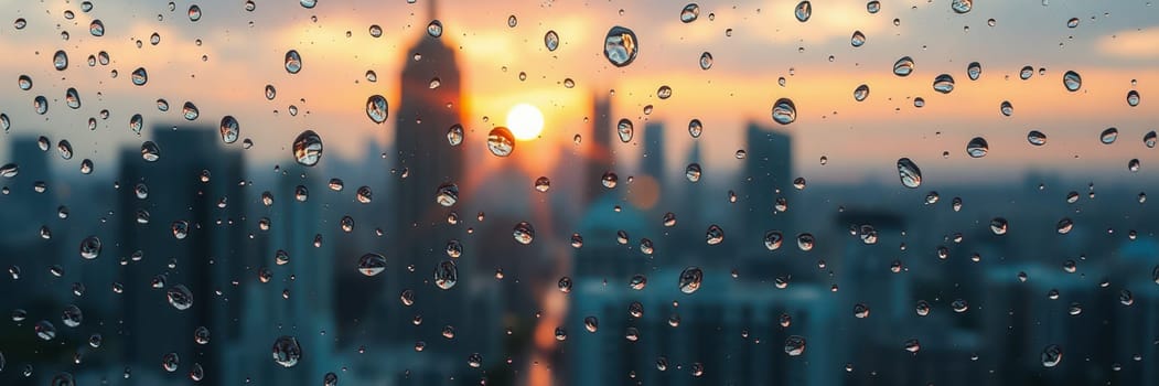 Rain droplets cover a window overlooking a city skyline at sunset. The warm colors of the setting sun contrast with the cool tones of the buildings, creating a serene atmosphere.
