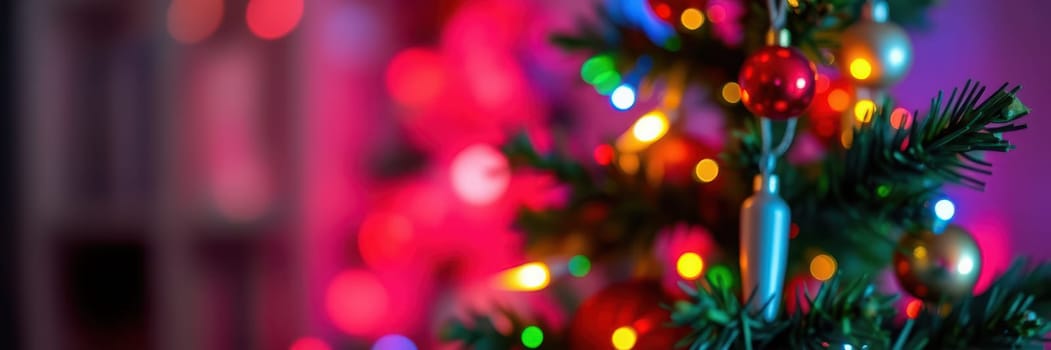 A beautifully decorated Christmas tree stands elegantly in a warm living room, with vibrant ornaments and twinkling lights illuminating the space, enhancing the holiday spirit.