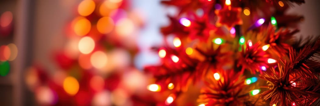 Twinkling red and multicolored lights illuminate the room, enhancing the festive mood of the holiday season with decorated trees visible in the background.