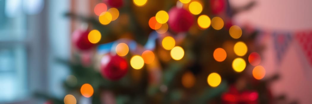 Colorful lights twinkle on a Christmas tree adorned with ornaments, set up in a cozy living room filled with holiday spirit. The warm glow creates a festive atmosphere.