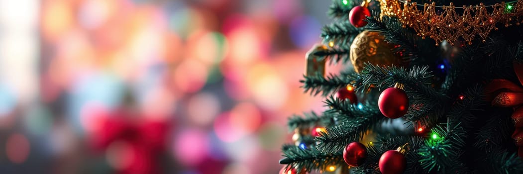 A beautifully decorated Christmas tree stands prominently, covered in vibrant ornaments and twinkling lights, creating a warm and inviting holiday atmosphere.