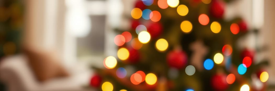 A beautifully decorated Christmas tree stands in a warm living room, twinkling with vibrant lights. The soft glow enhances the joyful holiday spirit, inviting celebration and warmth.