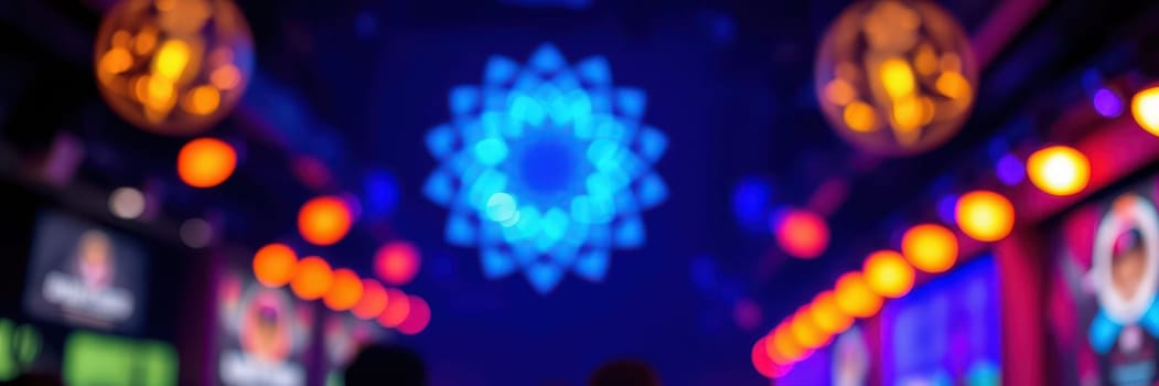 Bright, colorful lights illuminate the venue, enhancing the lively atmosphere as people gather for an engaging late-night event filled with energy and excitement.